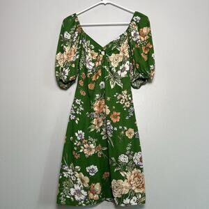 NWT Sim & Sam Dress Linen Blend Floral Sz S Ruffled Babydoll Vacation Green Boho